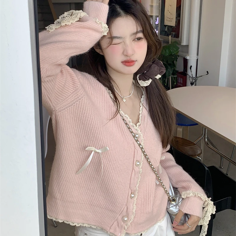 Matakawa Pink Cardigans Bows V Neck Korean Fashion Autumn Winter Solid Sweet Women Sweaters Lace Patchwork Cute Sueteres