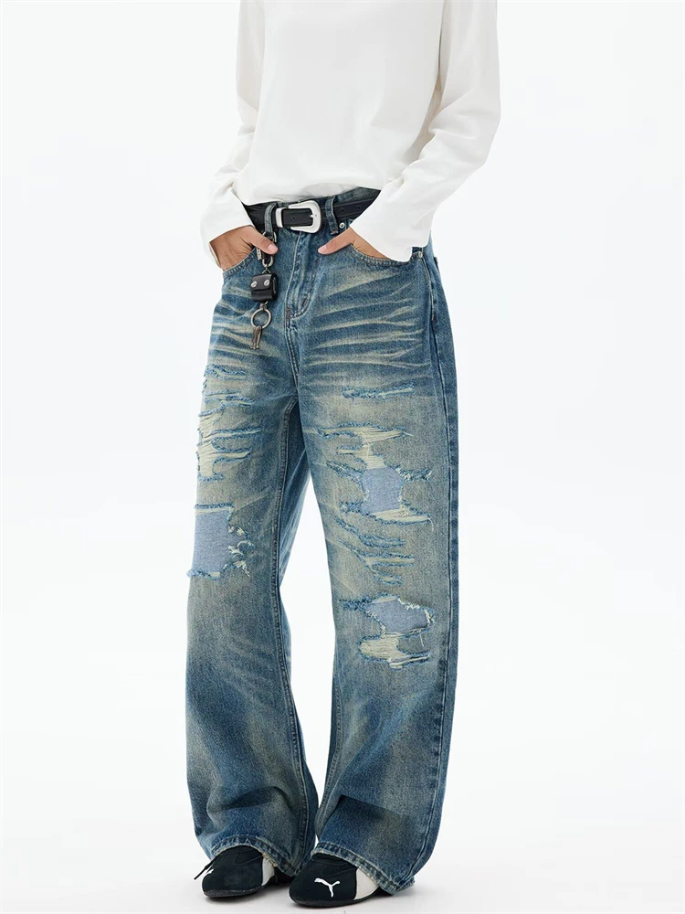 Women's Distressed Design Wide Leg Hole Blue Jeans Unisex Style Casual Pants Female High Waist Street Denim Trousers