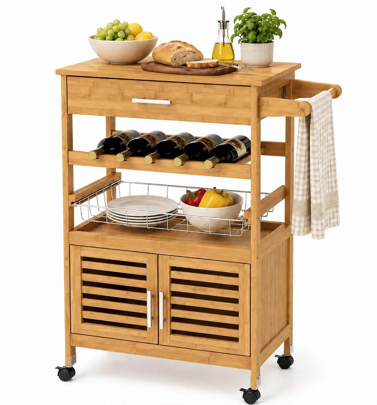 Kitchen Island Cart, Rolling Bamboo Butcher Block with Storage