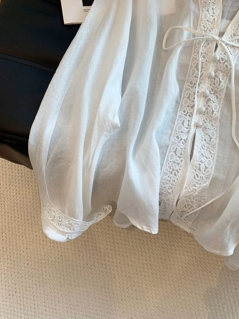 Blusas de estilo chino para mujer, camisas Vintage lisas, ropa holgada de verano a la moda, Tops de mujer de lino y algodón de manga larga con cuello en V