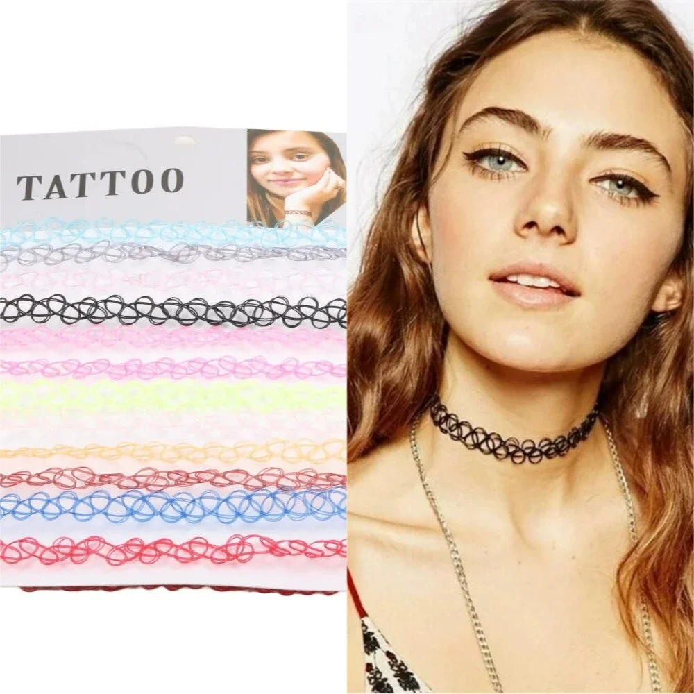 12Pcs/Set  Mixed Color Tattoo Rainbow Chokers Vintage Gothic Punk Elastic Necklace Women Jewelry Party Wear Accessories Gifts