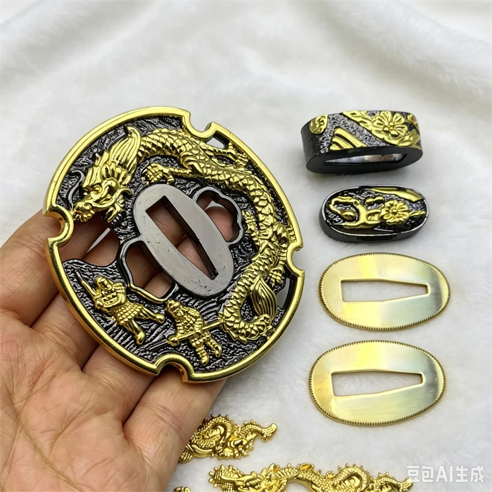 Alloy Golden Dragon Tsuba Menuki+Fuchi+Kashira+Seppa Accessory For Japanese Sword Samurai Katana Set Accessory
