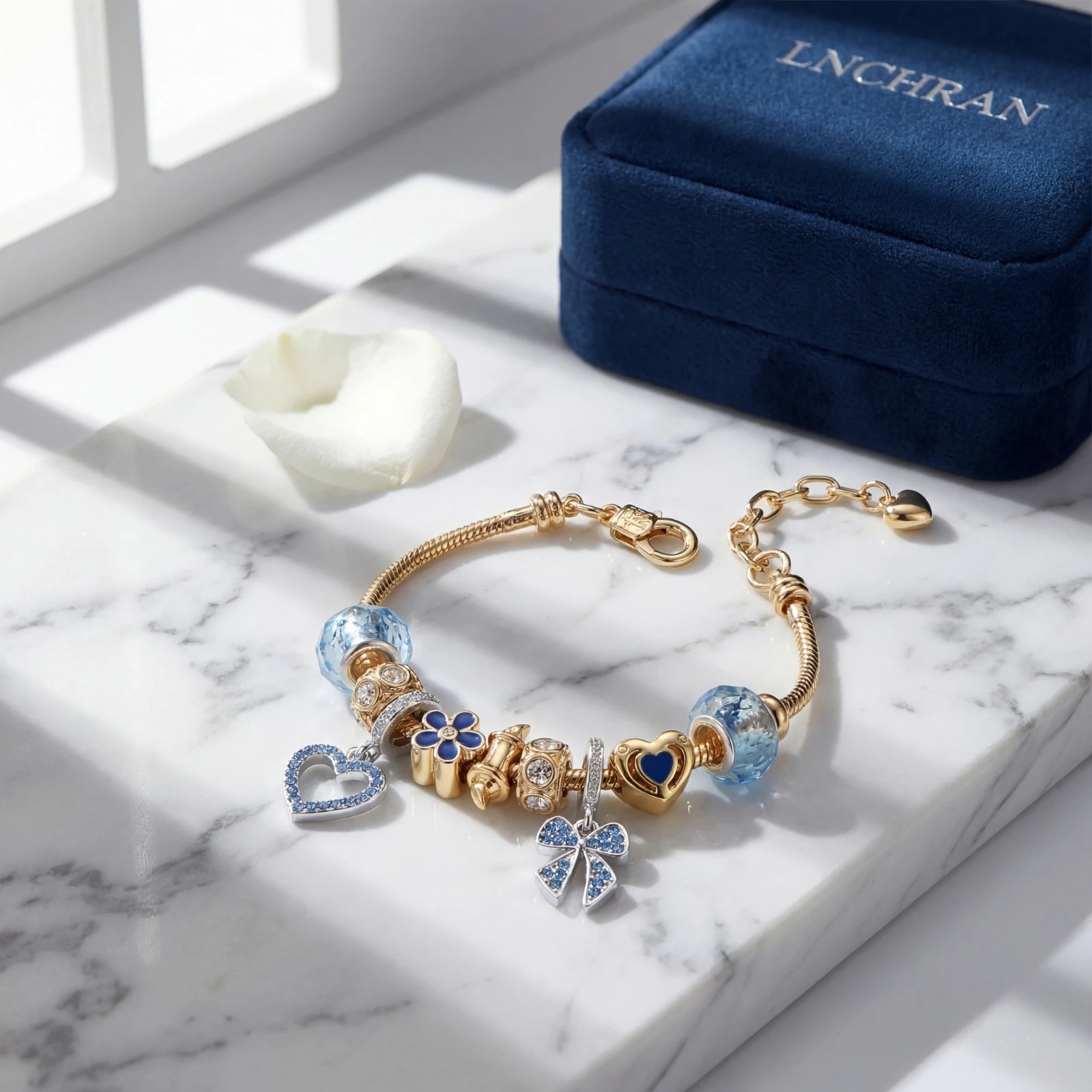 

Golden Adjustable Bracelet with Synthetic Zircon Blue Heart & Bow Charms for Women Princess Jewelry Gift