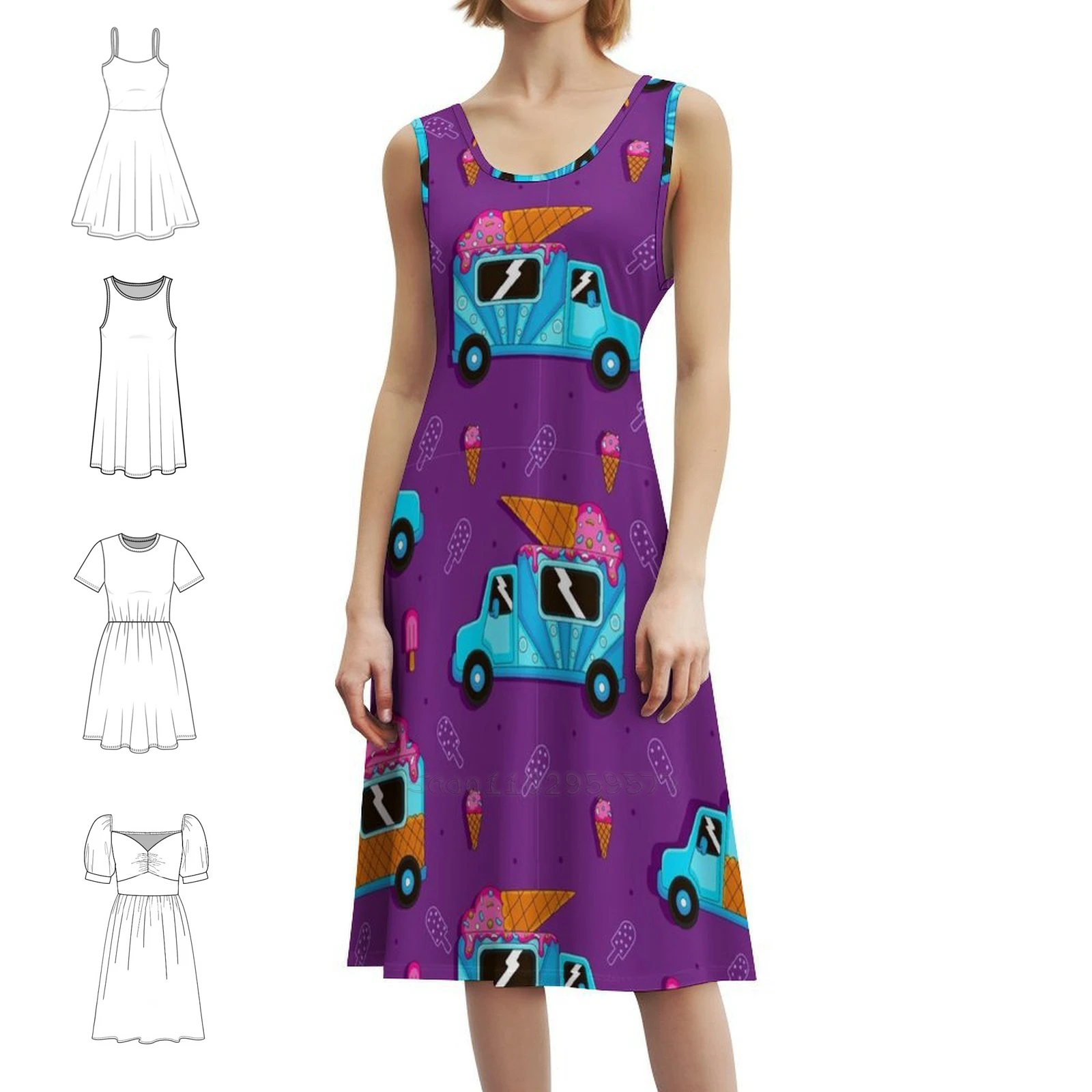 

Радостное лето с грузовиком для мороженого Платье в корейском стиле для женщин Элегантное повседневное платье для вечеринки или повседневной носки Ood Background Van