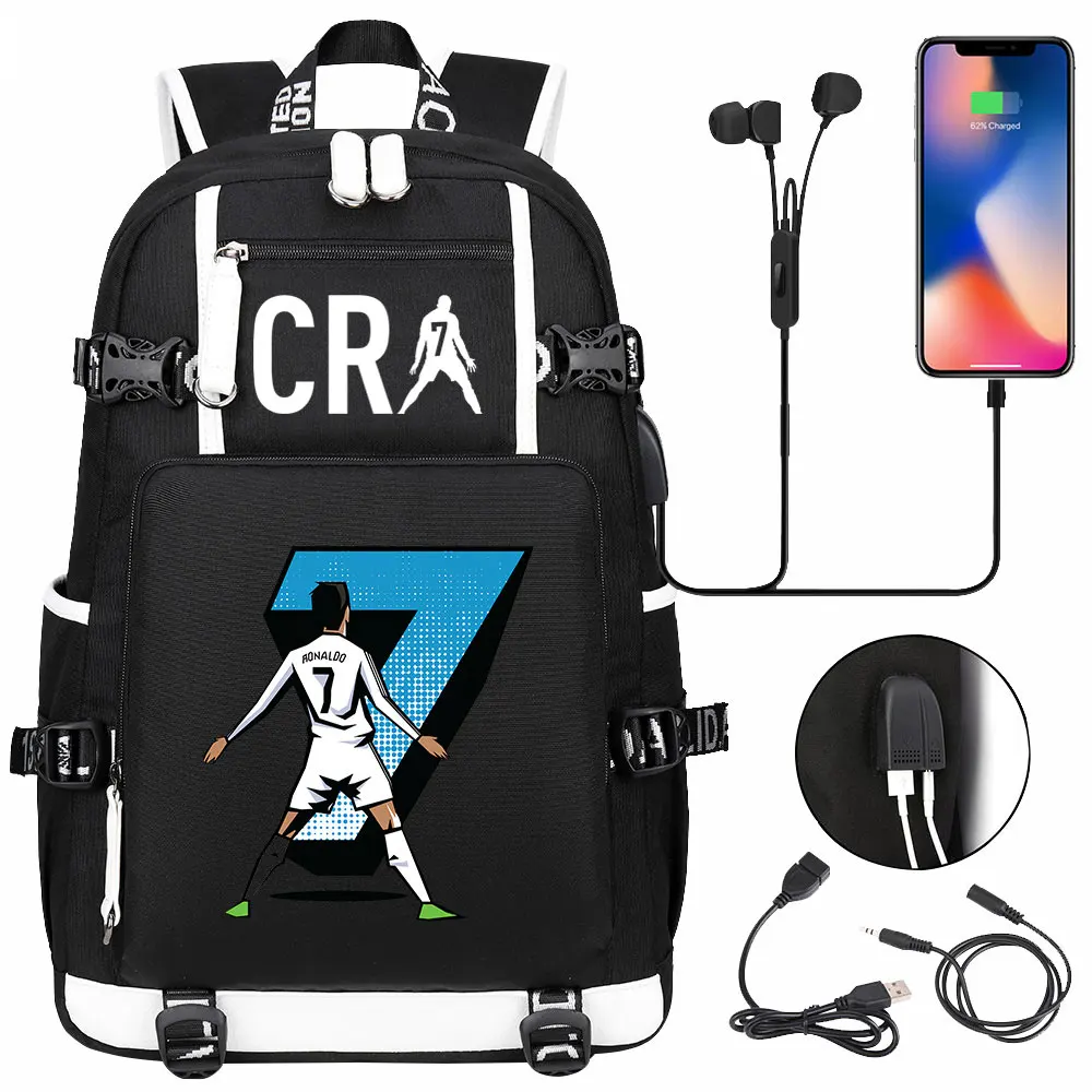 CR7 Backpack USB Charge Black Capacity School Bags For Teens Waterproof Big Travel Laptop Mochilas For Male Female