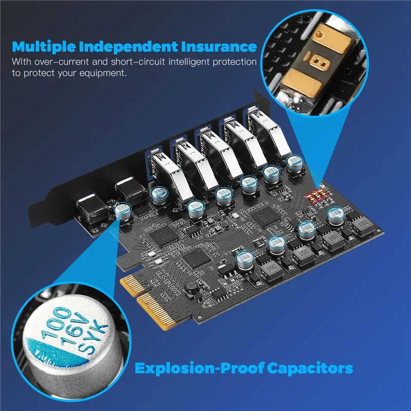 การ์ด PCI-E ไปยัง USB ชนิด3.2อะแดปเตอร์2พอร์ต7พอร์ตพร้อมการ์ดขยายแบนด์วิธ20 Gbps สำหรับเดสก์ท็อป