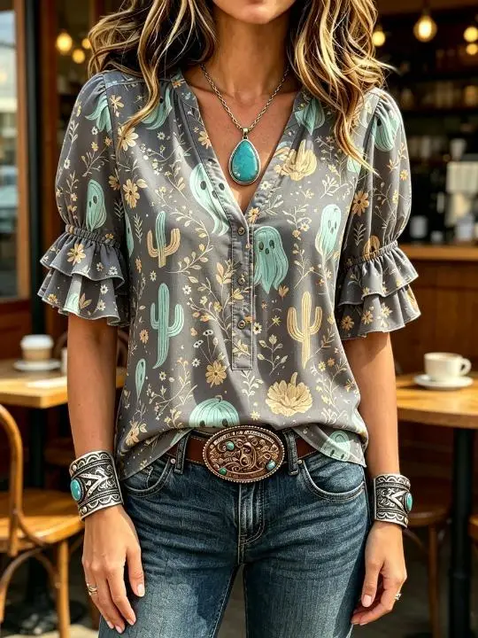 Halloween Women Western Boho Blouse,V‑Neck Ruffle Puff Short Sleeve,Multi‑Pattern Ghost Pumpkin Bunny Floral Print Loose Top 3