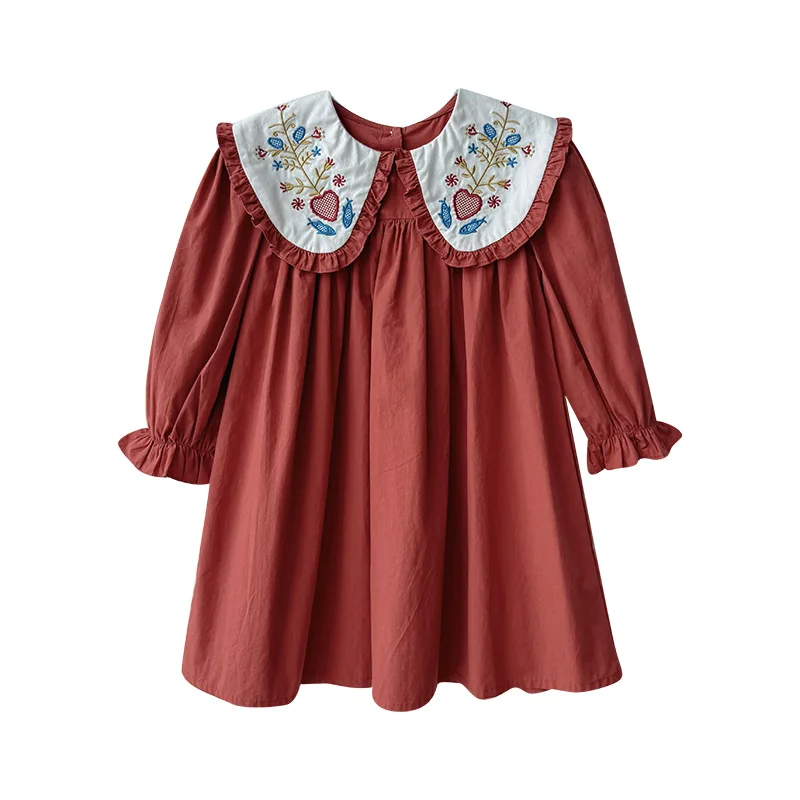 Princess Style Long Sleeve Doll Collar Embroidered Dress for Girls Red Spring Collection Baby Birthday Skirt Vintage Design
