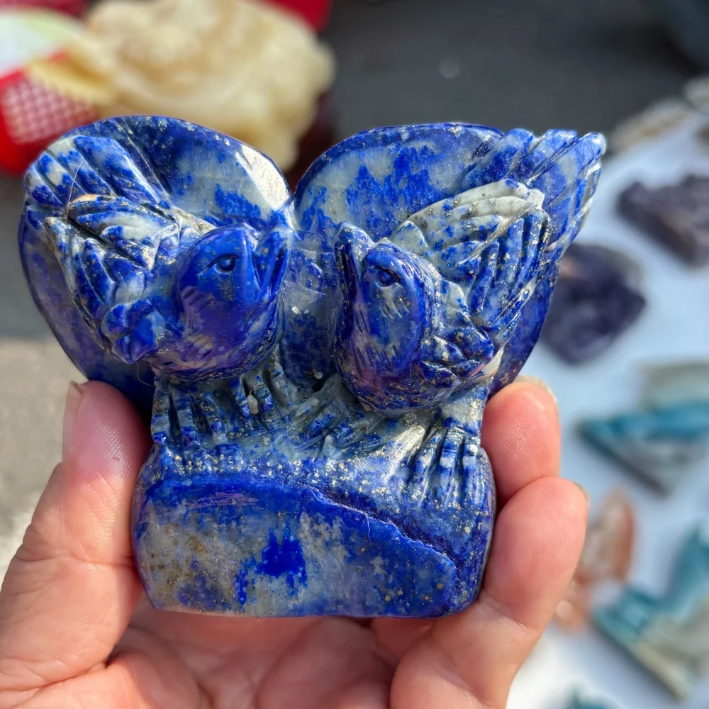Natural Lapis Lazuli Twin Birds Hand Carved Crystal Bird Statue With Pyrite Inclusion Reiki Healing Stone Home Decor Gift