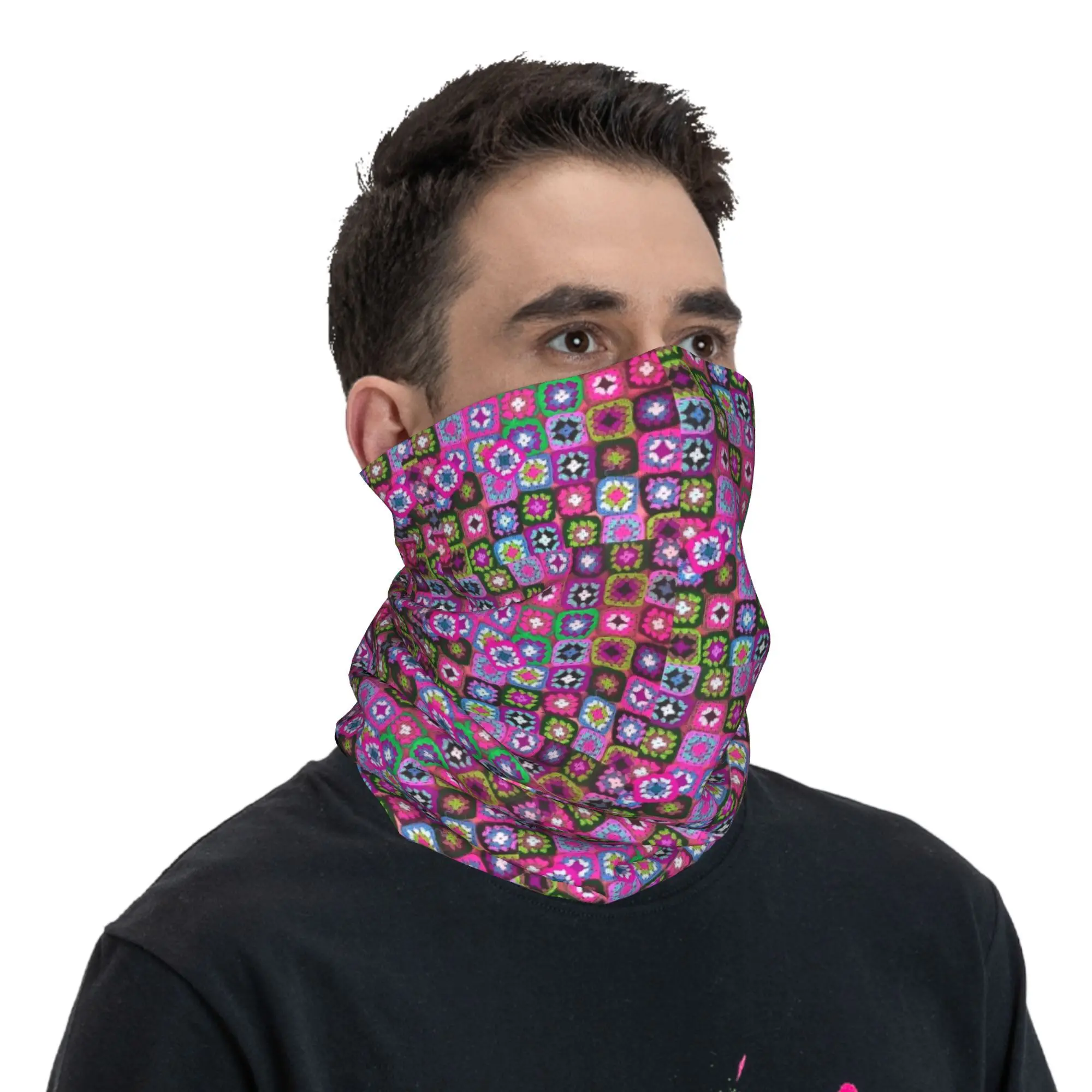 Crochet blanket granny square vintage Bandana Neck Cover Printed Mask Scarf Multi-use Balaclava Cycling Unisex Adult Winter