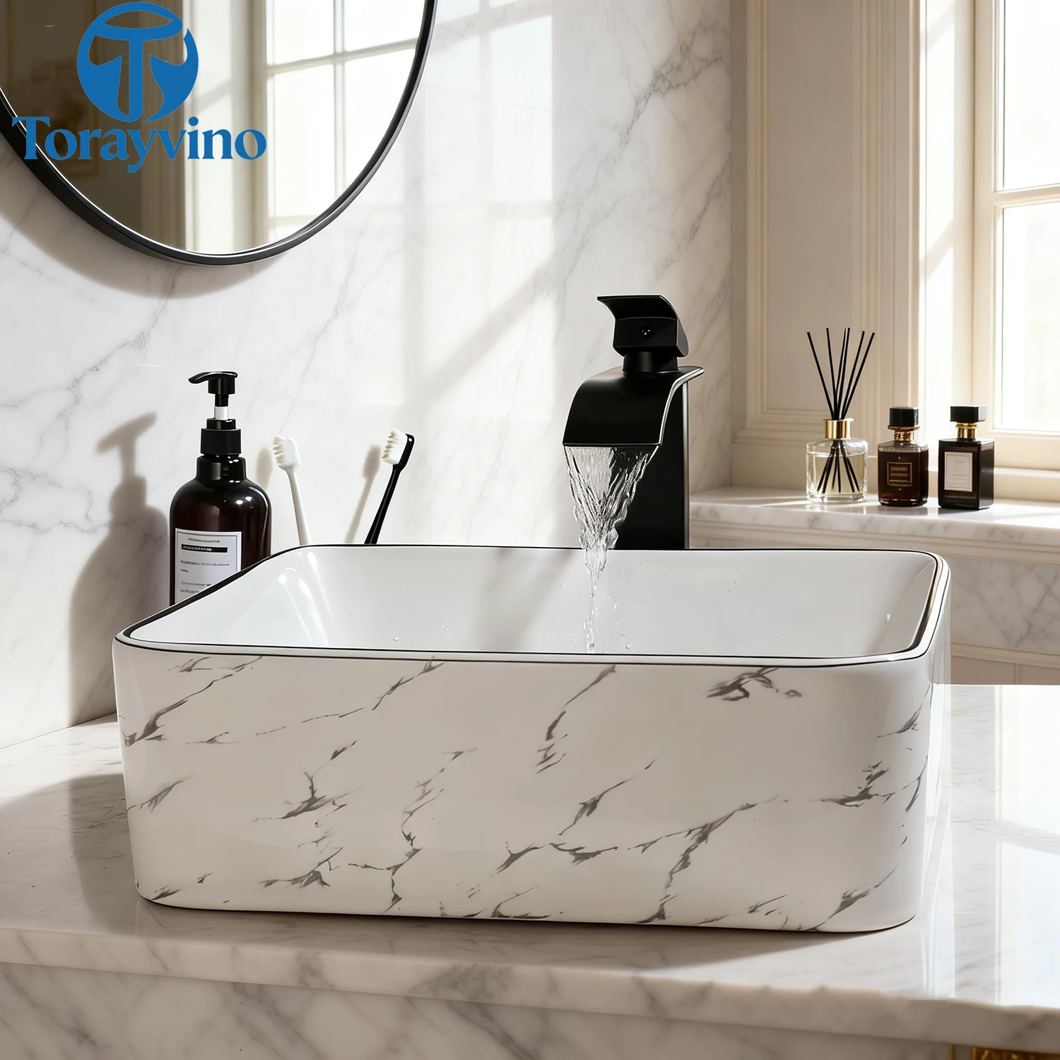 TORAYVINO Bathroom Basin Sink Faucet Set White Procelain Ceramic Vessel Sink Above Counter Bathroom Sink Matter Black Faucet