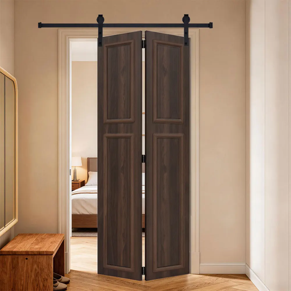 

18 series 30in.X78 in. 3/4 inch thickness 2-Panel Walnut Color Finished MDF Bi-fold door with Barn door hardware
