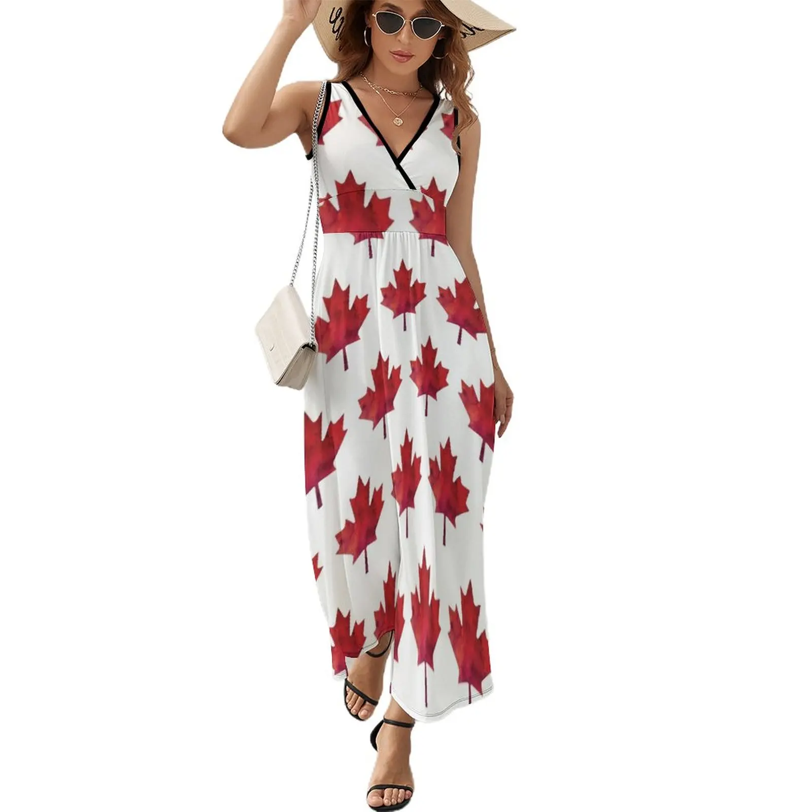 

Canada Day Watercolour Maple Leaf Pattern Sleeveless Dress women's fashion dresses dress korean style