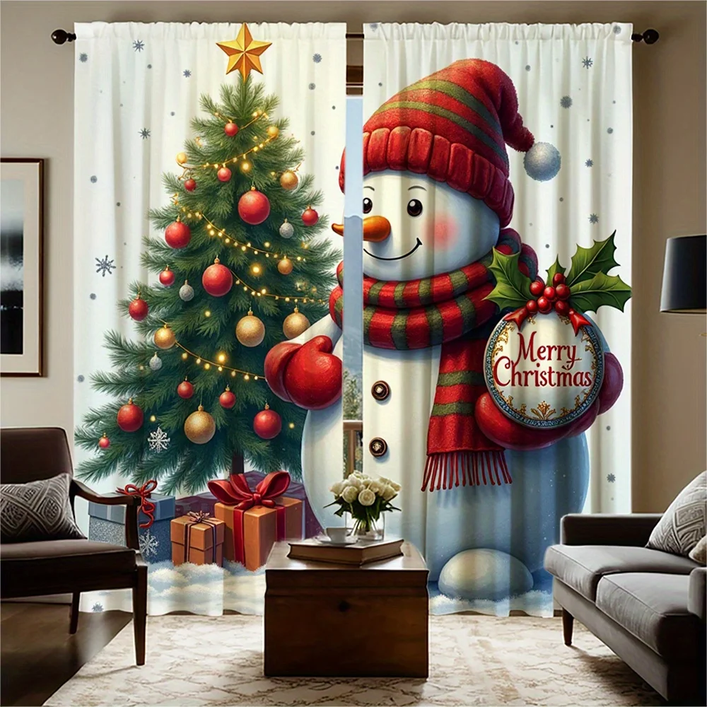 2pcs Festive Christmas Curtains - Snowman & Christmas Tree Design with 