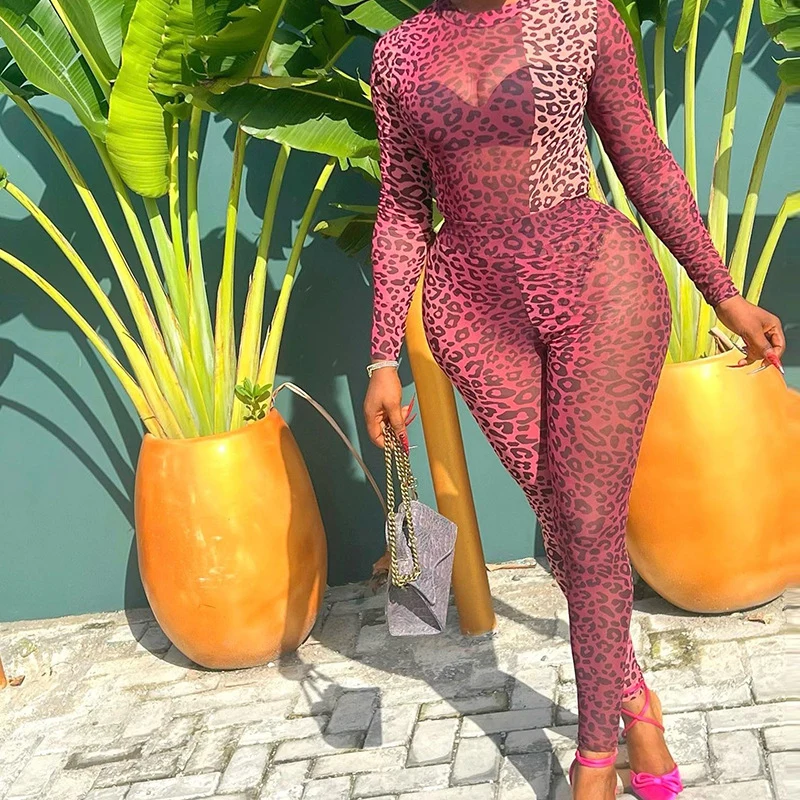 Sexy Leopard Gedruckt Sheer Club Outfits Frau Zwei Stück Set Lange Hülse O-ansatz Overall Top und Hosen Nacht Party Passenden Sets