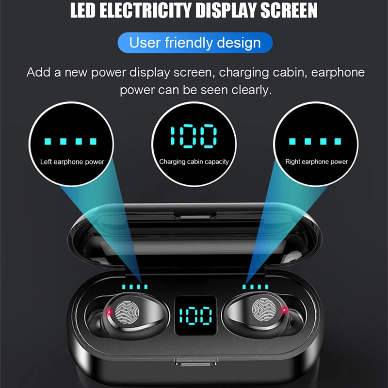 TWS F9 Fone De Ouvido Sem Fio, Esporte Earbuds, fone de ouvido com 5.1 Bluetooth, Telefone, Xiaomi, Samsung, Huawei, iPhone, OPPO