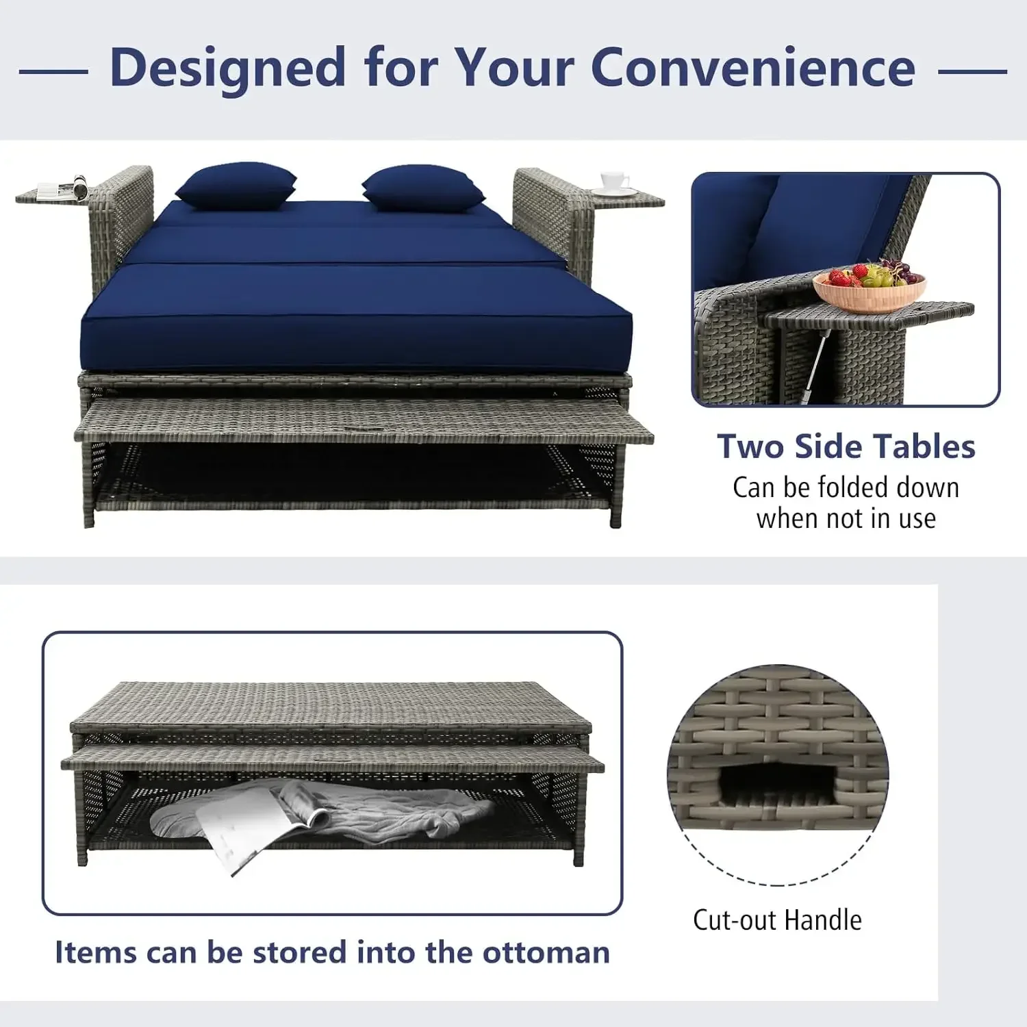 Patio Rattan Daybed Set, Wicker Loveseat Sofa w/Multipurpose Ottoman & Retractable Side Tray,Seat & Back Cushion Included