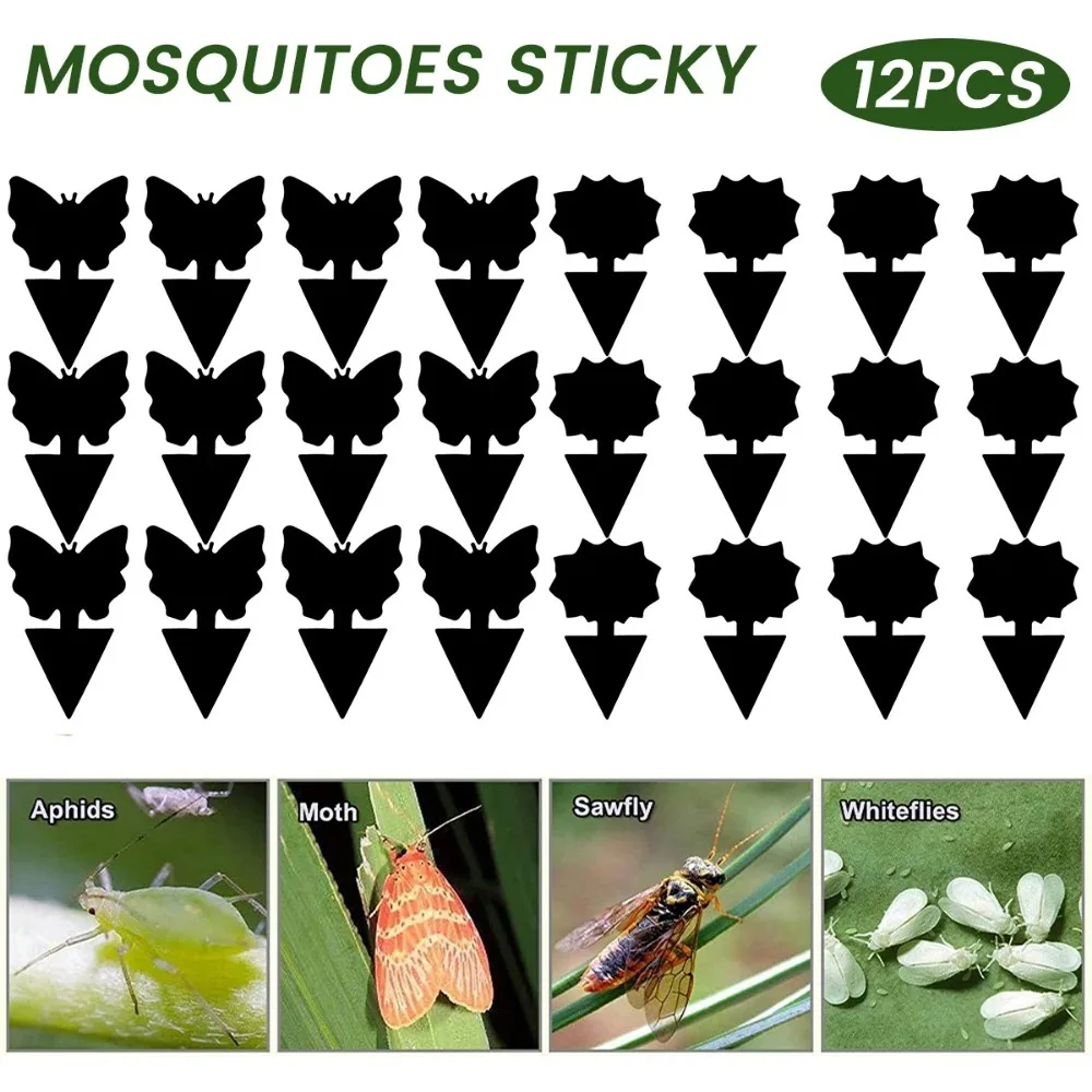 12 Trampas Adhesivas para Moscas de Doble Cara, Negras, Impermeables, para Control de Plagas de Plantas, con Pegamento Fuerte, Protección de Plantas de Jardín