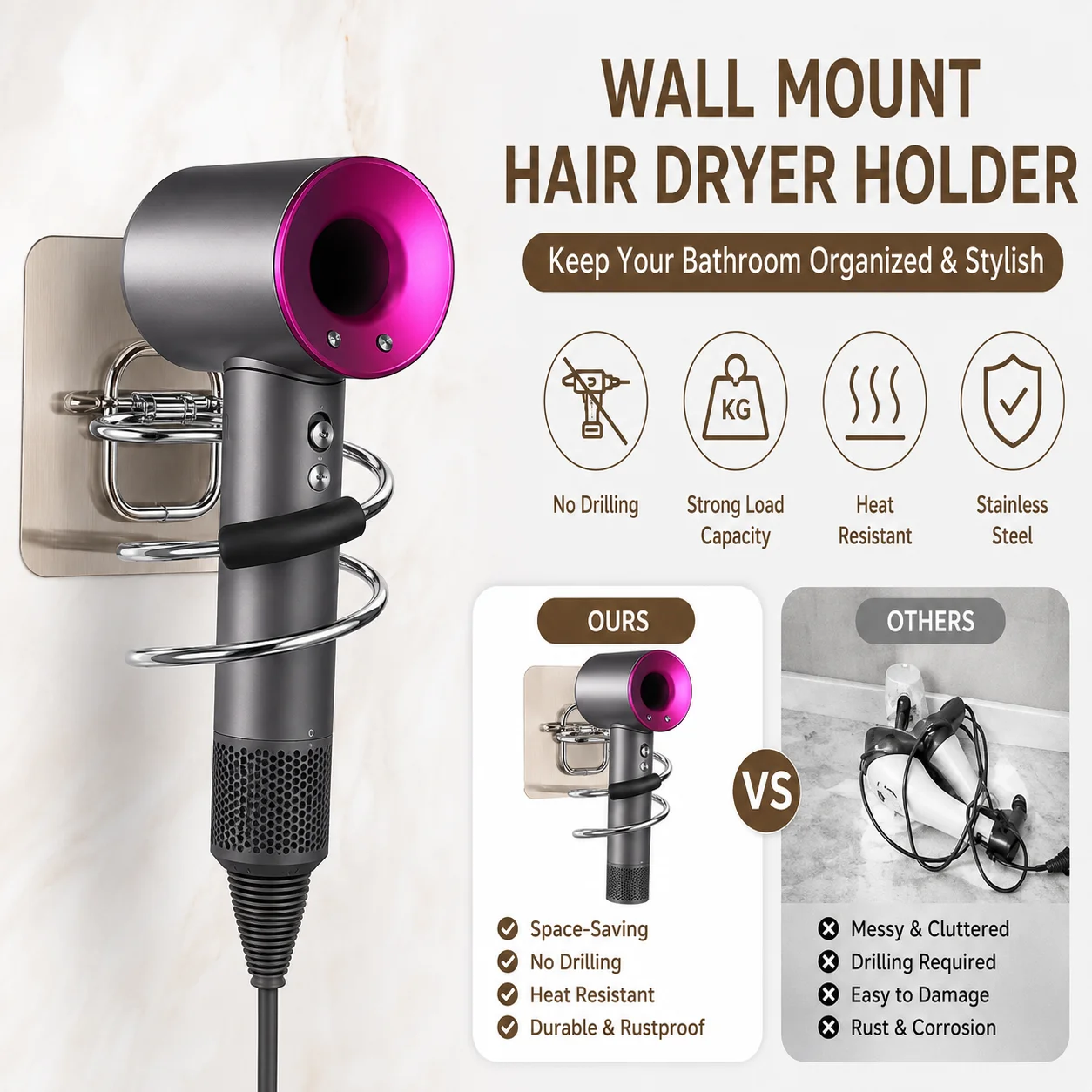 Multi Functional Bathroom Hair Dryer Holder, No Punching Hair Care Tool Holder, Adhesive Wall Mounted Hair Salon Tool