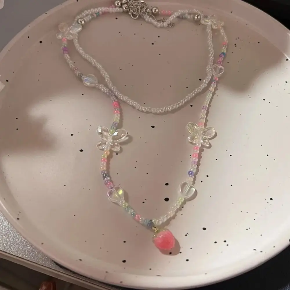 قلادة بحلية بسيطة للنساء ، فراولة ، فراولة ، فراشة ، فراشة ، لؤلؤ ملون ، سلسلة رقبة