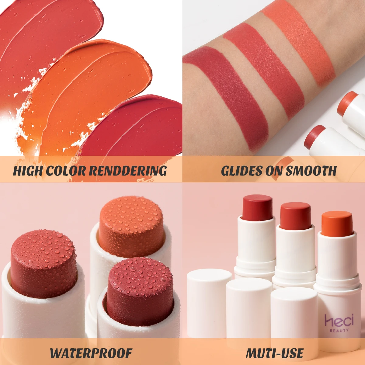 Women's Gift Creamy Blush Sticks 3pcs/Set Vibrant Orange Red Blush Waterproof Multifunctional Face Makeup Moisturizer Stick