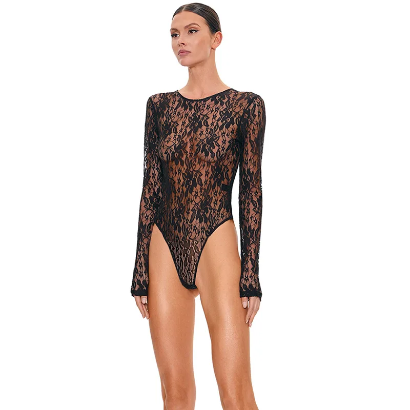 

Сексуальный кружевной прозрачный облегающий уличный цельный костюм для женщин, длинные брюки с высокой талией, полиэфирная ткань, лето 2025 г.