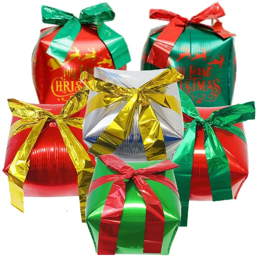 크리스마스 큐브 선물 상자 호일 풍선, 빨간색 및 녹색 선물 상자 풍선, 눈사람 크리스마스 새해 크리스마스 테마 파티 장식 