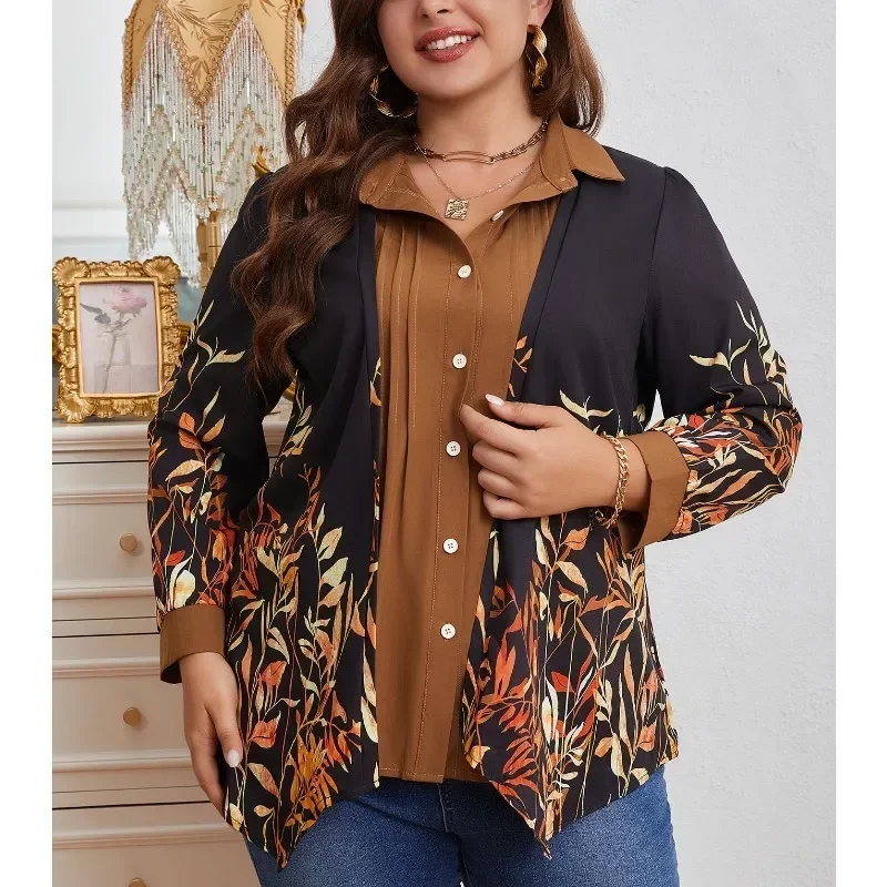 Plus Size 1XL-5XL Women\'s Casual Colorblock Leaf Print Button Up Shirt Ladies Fashion Long Sleeve Turn Down Collar Blouse