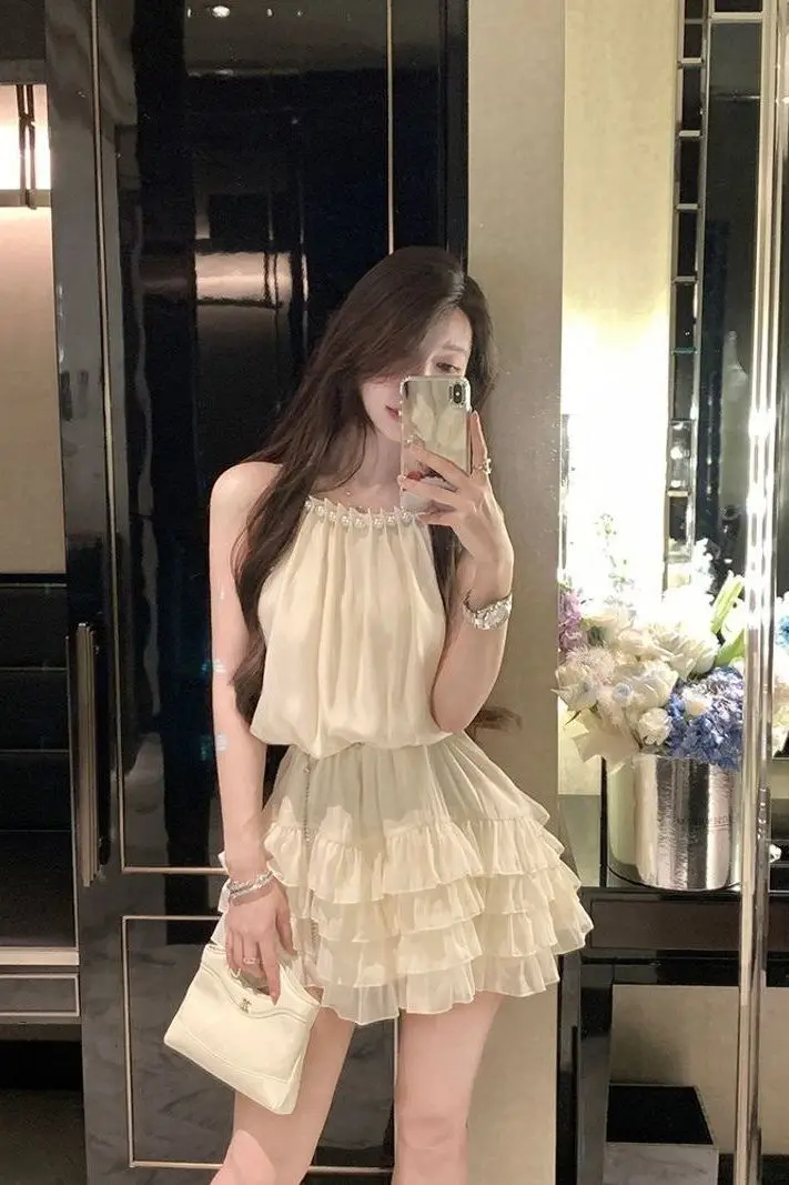 

2025 New Summer Sexy Slim Pearl Dress Women's Fashion Elegant Sleeveless Mini Dress for Women Female Office Lady High Quality