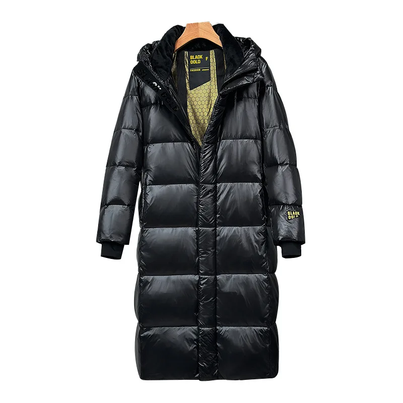 Black Glossy Down Jacket Men's Luxury Thicken Winter Hooded Long White Duck Down Jacket Women Windproof Rainproof Warm Outwear