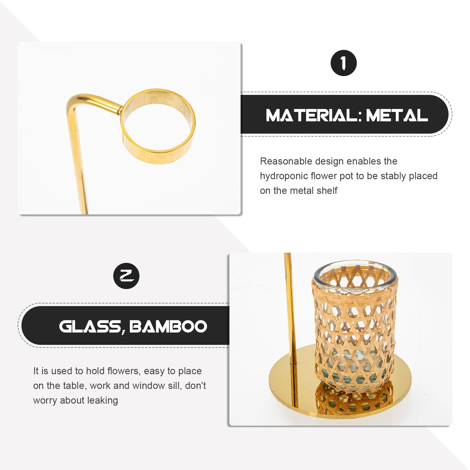 

1Set Bamboo Hydroponic Vase Glass Cup Stable Design Metal Stand for Desktop Flower Pot Flower Arrangement Glass Cup Vase