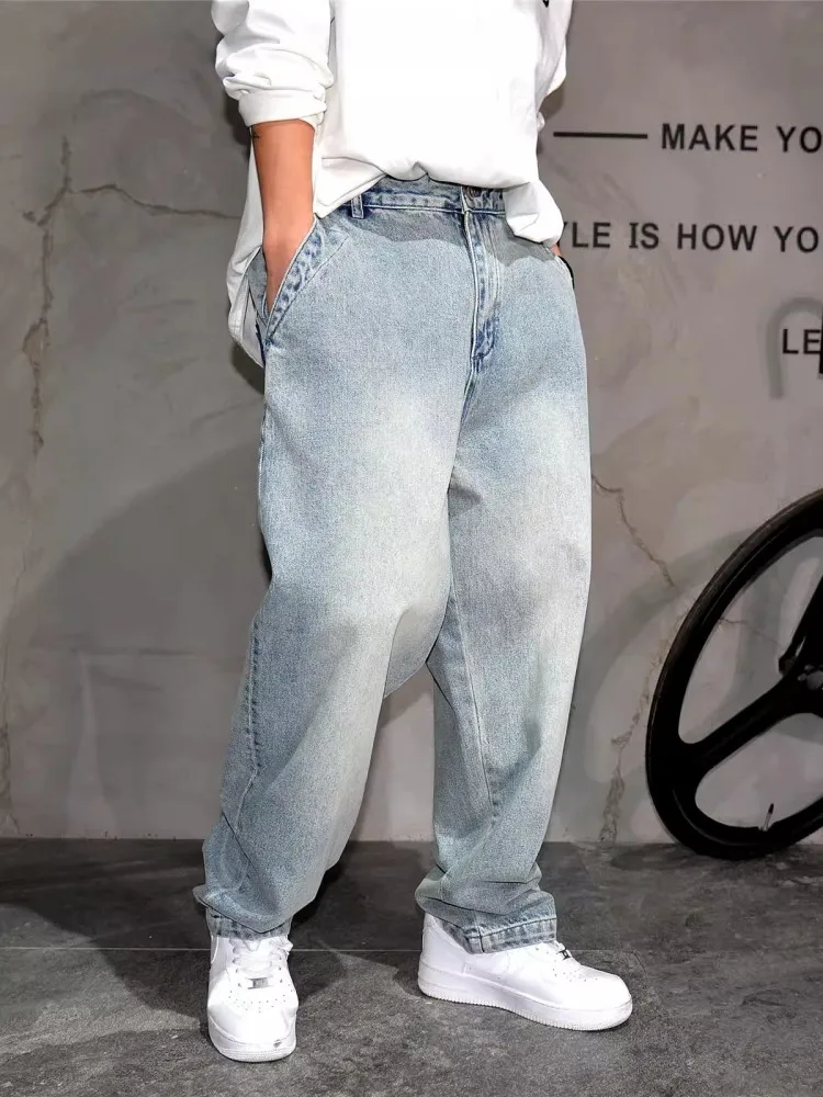 American Retro Mens Loose Fit Jeans Casual Hip Hop Harem Pants Distressed Denim Pants Streetwear Cowboy Long Wide Leg Trousers