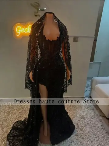 Robes de bal de luxe noires en dentelle perlée 2026 avec voile, robes de soirée formelles africaines à sequins pour femmes, robes de mariée personnalisées
