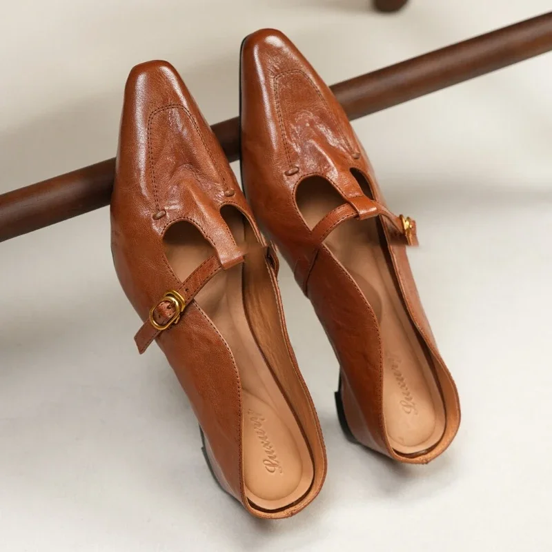 Vintage Brown Soft Leather Mules Women Square Toe Buckle T Strap Low Heel Slingback Slippers Female Casual Outdoor Slides Shoes