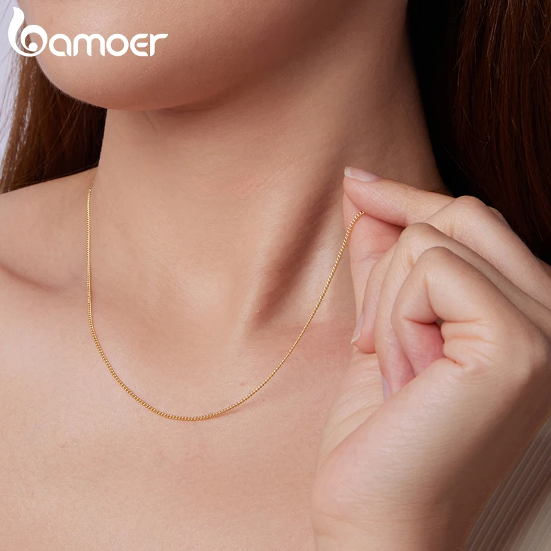 قلادة سلسلة جانبية من الفضة الإسترليني عيار 925 من الذهب الصلب من BAMOER للنساء والفتيات، قلادة سلسلة رفيعة من الفضة مقاس 1.2 مم