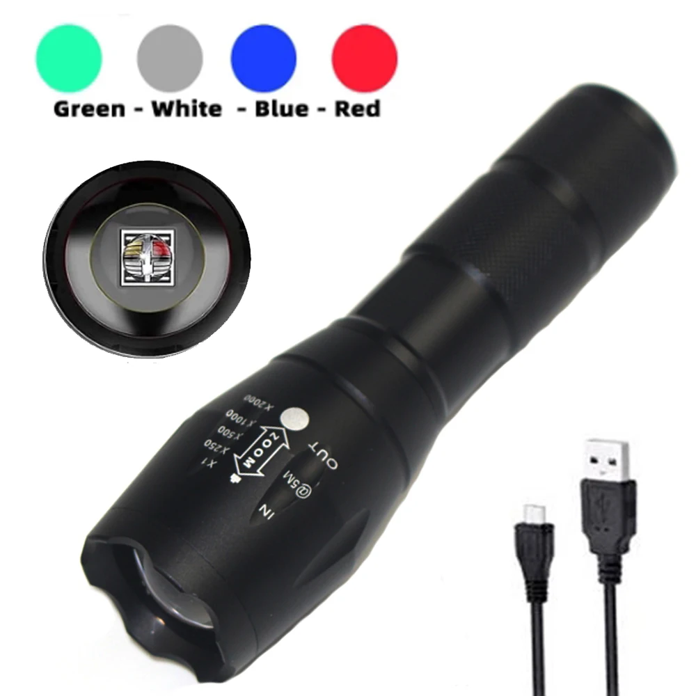 

Portable Outdoor Camping Hunting Zoom 4-In-1 Multicolor LED Flashlight Red Blue Green White Lamp Photography Selfie Hiking Torch