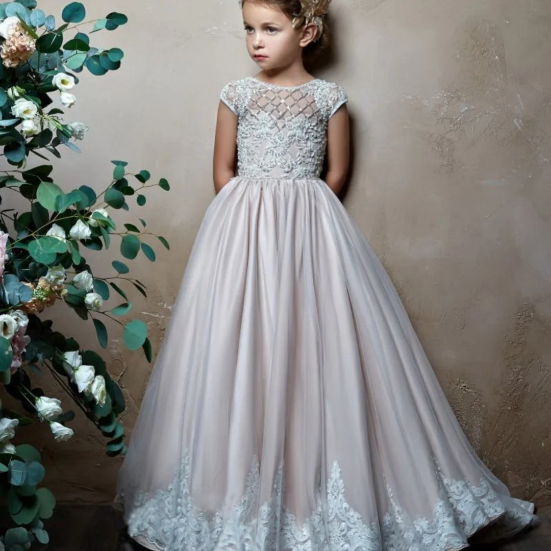 

Girl's Pageant Dress Long Tulle Flower Girl Dresses Sleeveless Appliques Ball Gown for Wedding Party Dresses