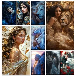 5D Diy Diamond Painting Beautiful Woman Lion Large Size Full Square Round Diamond Mosaic Embroidery Cross Stitch Kits