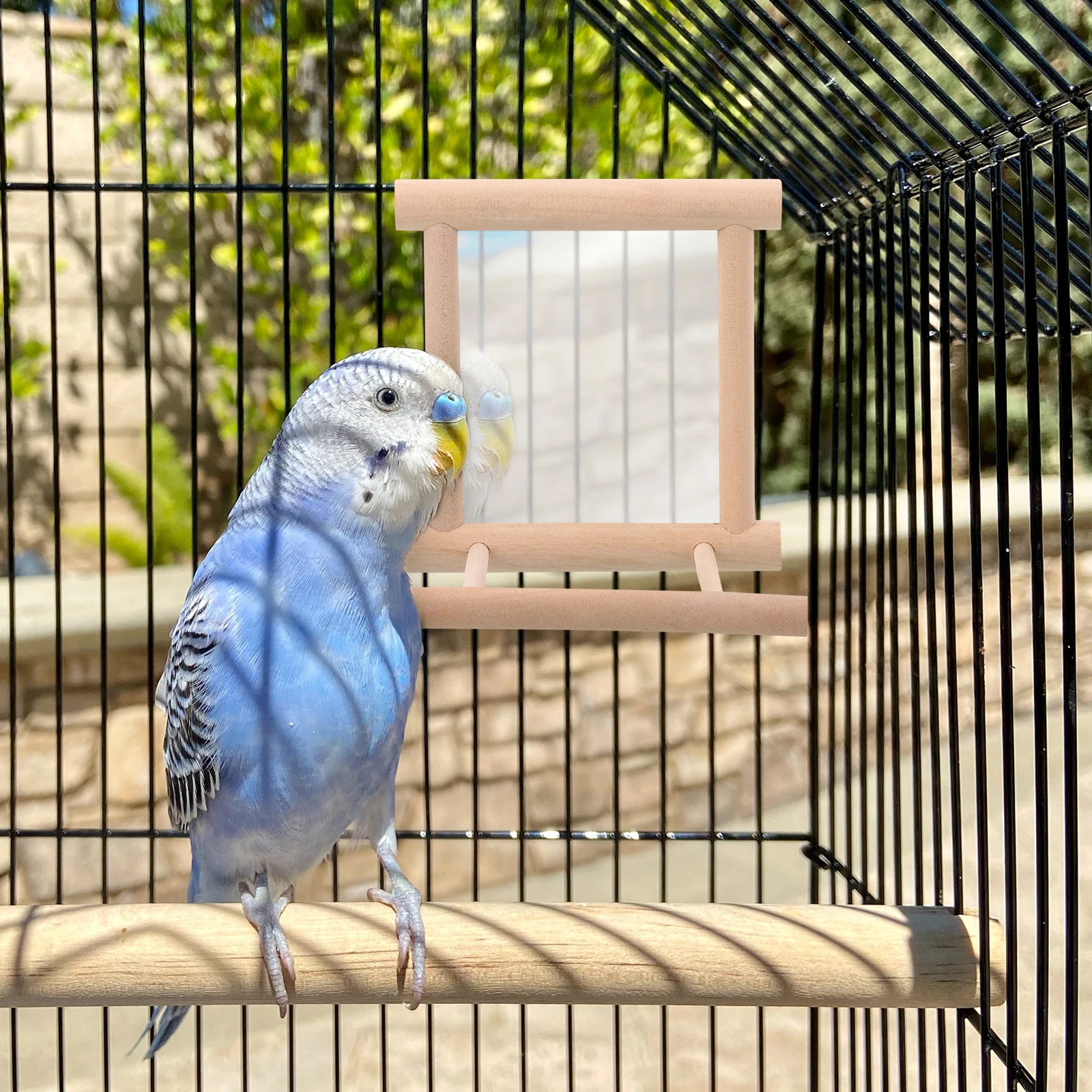 

Wooden Bird Cage Stand Mirror Decorative Parrot Perch Toy Strong Durable Easy Stable Placement Household Pet Accessory