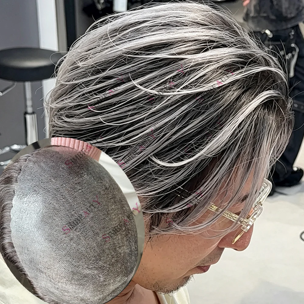 Natural Hairline Old Men Toupee European Human Hair Wavy #1b80 #1b65 Silicon Super Durable Skin Grey Brown Black Hair Prosthesis
