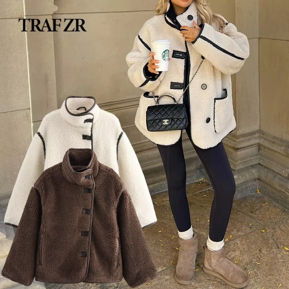 TRAF ZR Cozy Female Loose-fit Teddy Fleece Outdoor Clothes with Trim&Details Ladies Coat Elegant Women's Stand-up Collar Jacket