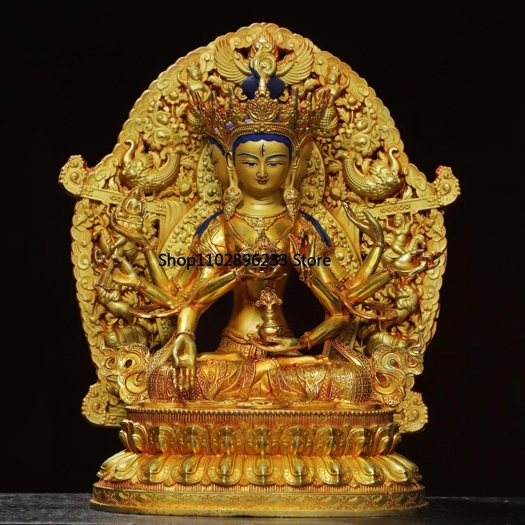 Tibetan brass gilt face painting backlight Zunsheng Buddha Mother Tara Guanyin ornament hall supplies incense case 31cm