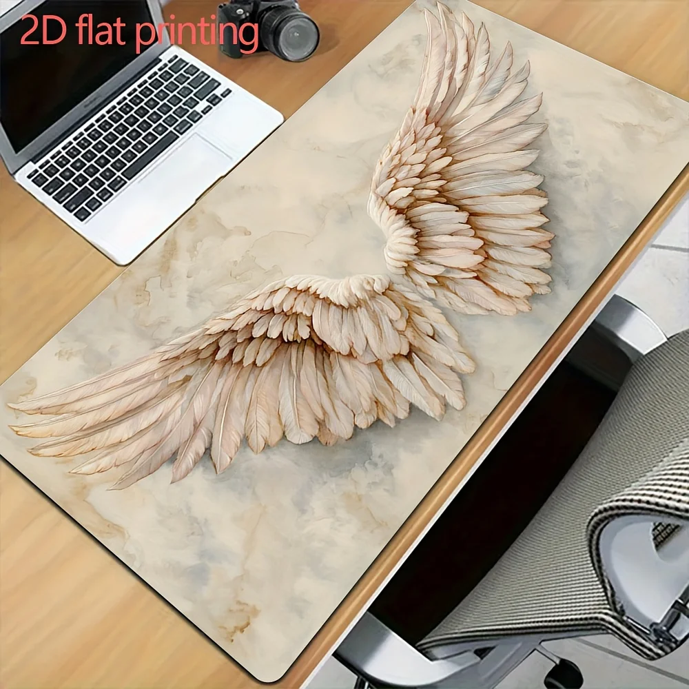 

Elegant Angel Wings Large Mouse Pad, Beige Feather Art Non-Slip Desk Mat for Boho Home Decor