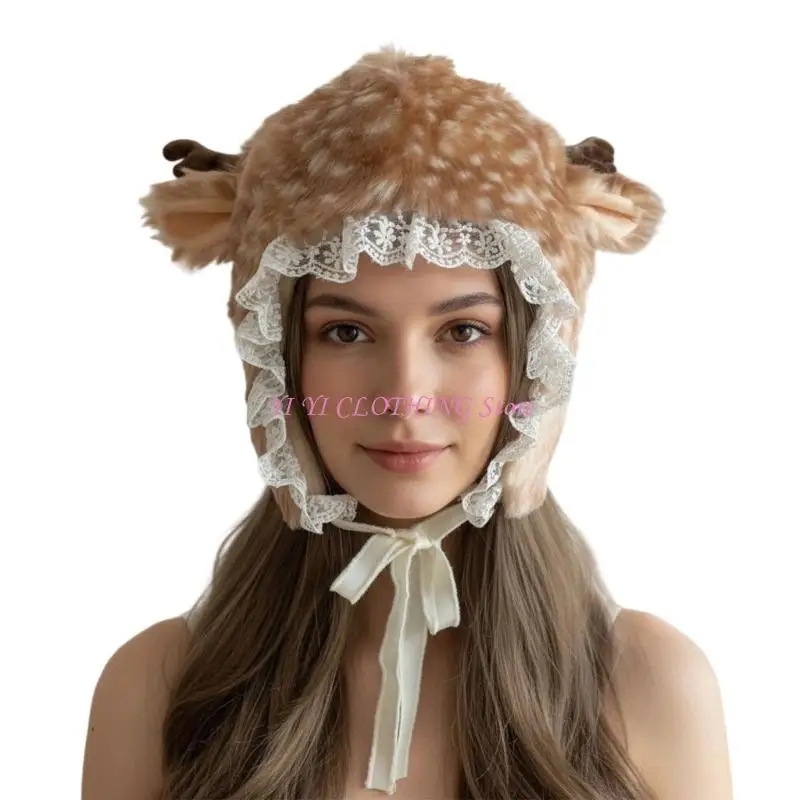 N5KF Girl Cartoon Elk Trapper Hat Thicken Furry Deer Hat for Climbing Skiing Sports Headwear Deer Oversized Hat
