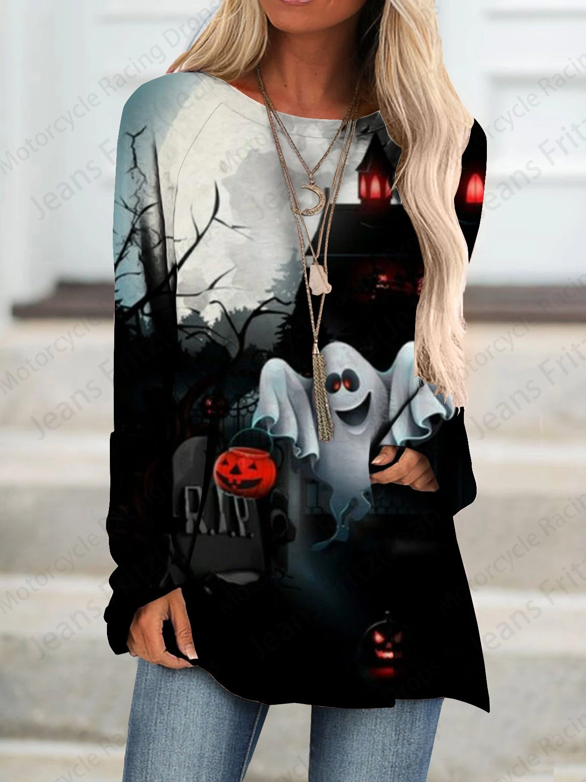 Cartoon Halloween 3d Print Long Sleeve T-shirt Women Fashion Crewneck Long Tunic Tops Women Falls Skull Clothing Femme Tops Y2k