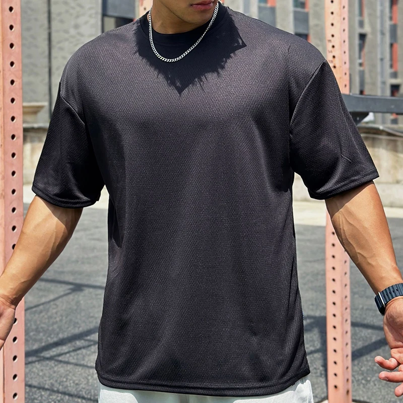 Plain Summer Sports T Shirts Mens Oversized Mesh Quick Dry Clothing Gym Training Fitness Shirts Streetwear Short Sleeves Tops