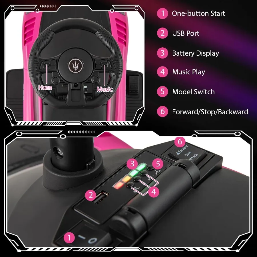 6V 전동차 마세라티 라이선스 유아용 자동차 (경적, 음악, 조명, 시트 아래 수납공간 포함) 배터리 구동 푸시카