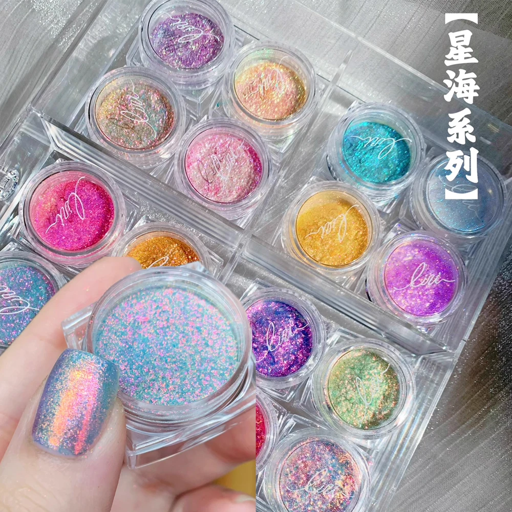 

1 банка, синяя Аврора-хамелеон, блестящие порошки для ногтей, голографическая Радуга, Русалка, единорог, хромированный УФ-гель-лак, пигмент, сделай сам, маникюр