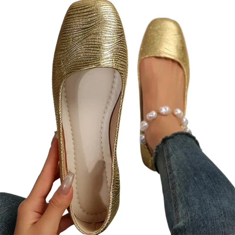 Sports Shoes gold silver Embossing Versatile Shallow Mouth Women's Flats Shoes Large Spring Autumn Luxury