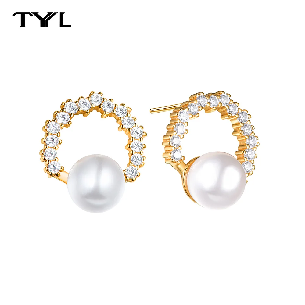 

TYYL Small Circle Round Stud Earrings Shell Pearls 925 Sterling Silver Zirconia Trending Fashion Jewelry for Women Girls